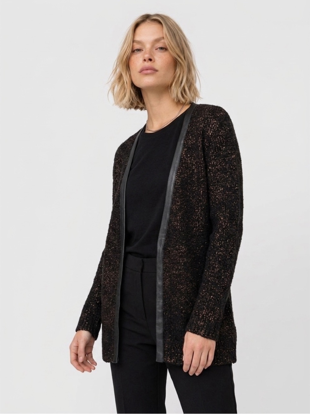 Hinge Womens Cardigan Wool‎ Alpaca Black Faux Leather Trim Longline Sz Small